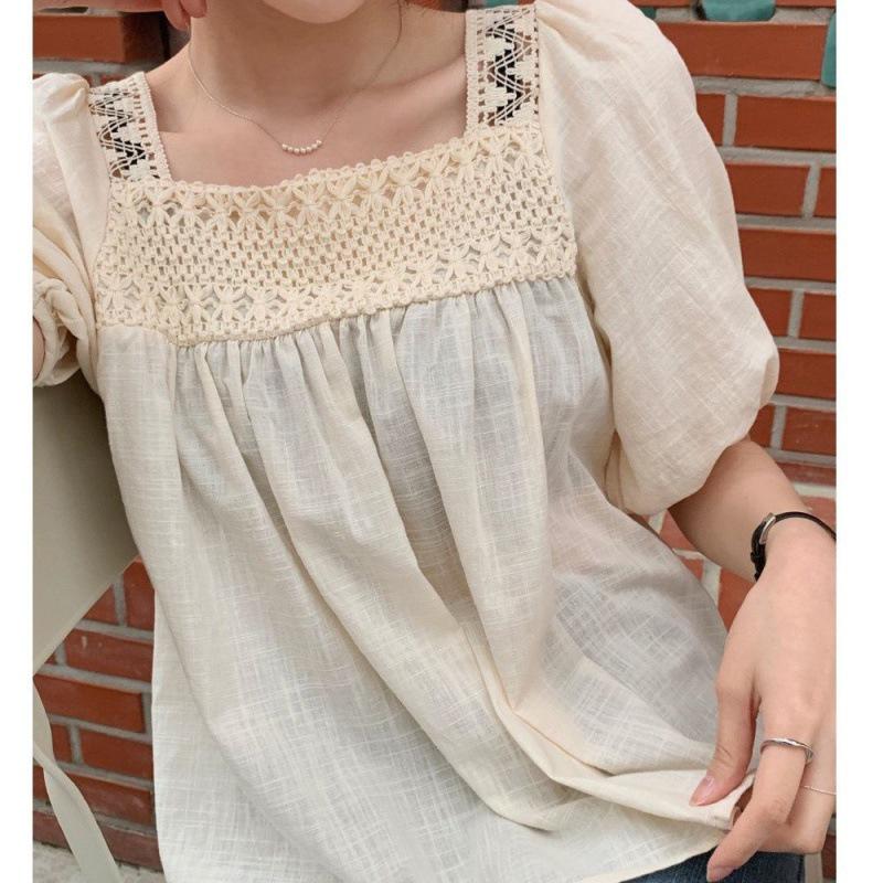 

Летний топ бэбидолл в французском шике с кружевом - Женский милый топ с квадратным вырезом и ажурным дизайном Small абрикосовый