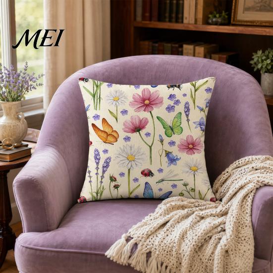 Cotton Linen Pillowcase Floral Cushion Cover, 18x18 Inch Decorative Throw Pillow Cover with Hidden Zipper, Breathable Plant Insect Flower Patterns,