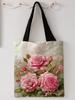 Rose Pattern Printed Casual Handbag, Reusable Fashionable Backpack, Multifunctional Handbag, Canvas Shopping Bag