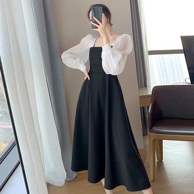 Women Fashion Long Sleeve Black Vintage French Style Spring Autumn Squared Collar Lace Up Dresses