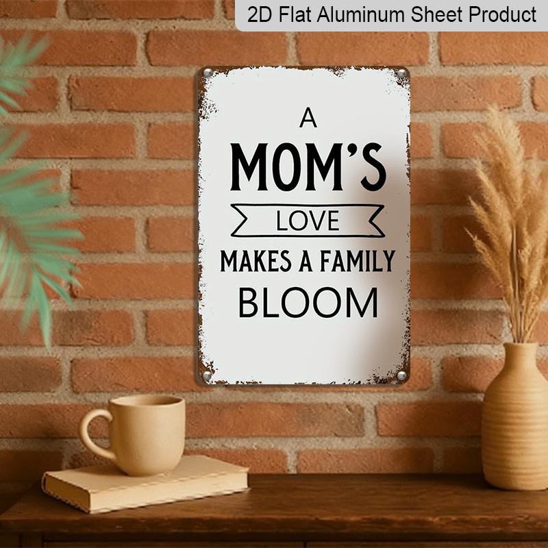 2D Flat 1pc Vintage "Mom's Love Makes A Family Bloom" Metal Wall Plaque - Rustic Aluminium Family Tree Sign with White & Brown Distressed, 8x12 Inch