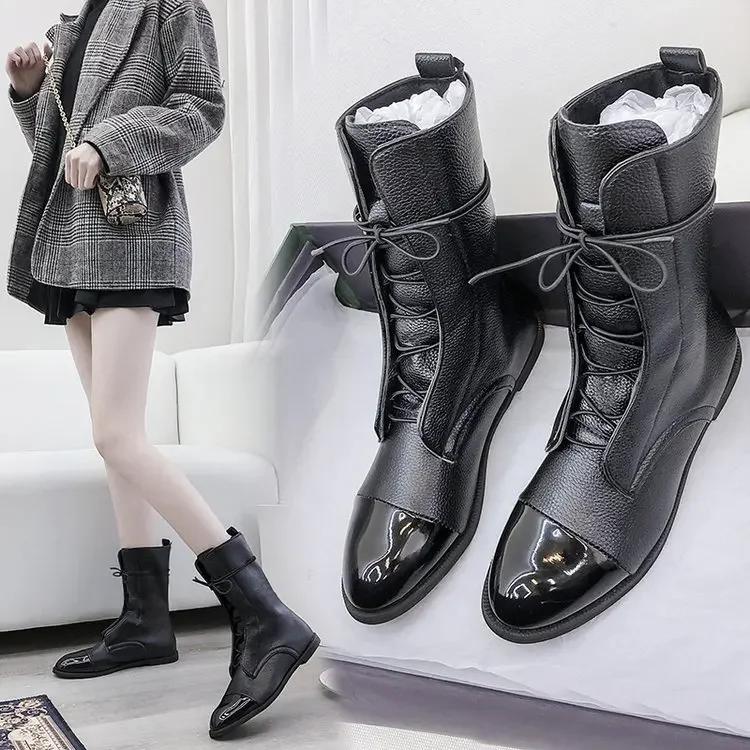 Soft Leather Women Short Boots Vintage Anti-slip Rubber Bottom Versatile Short Boots Women Lace-up Round Toe Boots