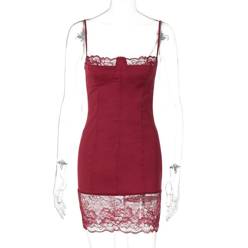 

Outfitgirl French Romantic Lace Strap Dress Small Fancy Satin Exquisite Short Skirt Wine red S