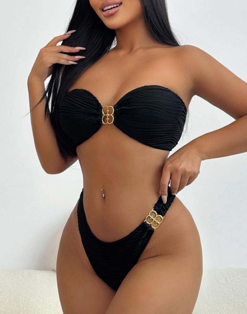 Women's Swimsuit Sexy Black Strapless Back Tied High-waist Bikini Split Swimsuit Beachwear Bathing Suits
