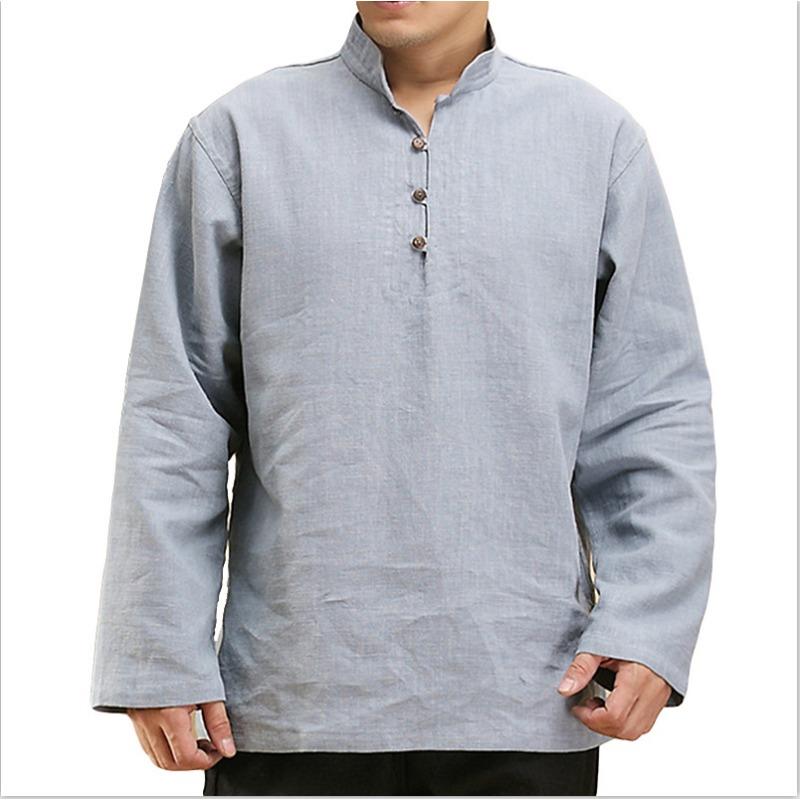 

Осенняя однотонная свободная рубашка с длинными рукавами, мужская повседневная рубашка с воротником-стойкой XXXL светло-синий