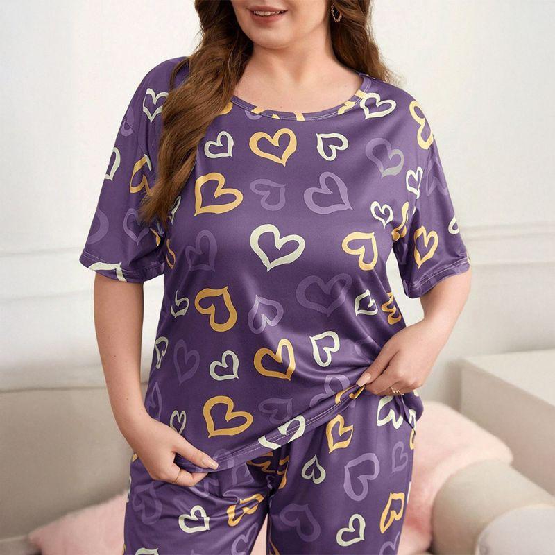 Damen Übergröße Pyjama Sets Lässig Locker Kurzarm Oberteil und Hose Loungewear