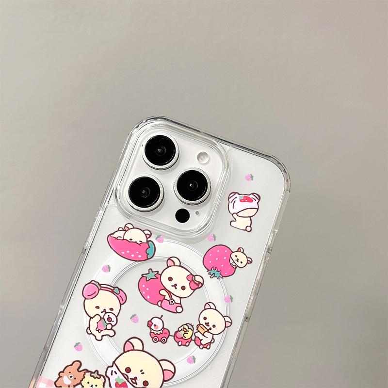 Japanese Cartoon Strawberry R-Rilakkuma Wireless Charging Case for iPhone 17 Air 16 15 14 13 12 11 Pro Max Acrylic Hard Cover