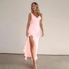 European and American Sexy V-neck Ruffle Edge Split Dress, Spring and Summer New Slim Suspender Dress