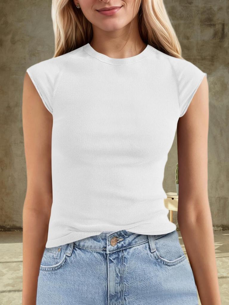 Womens Ribbed Knit T Shirt Cap Sleeve Crew Neck Slim Fit Summer Basic Top