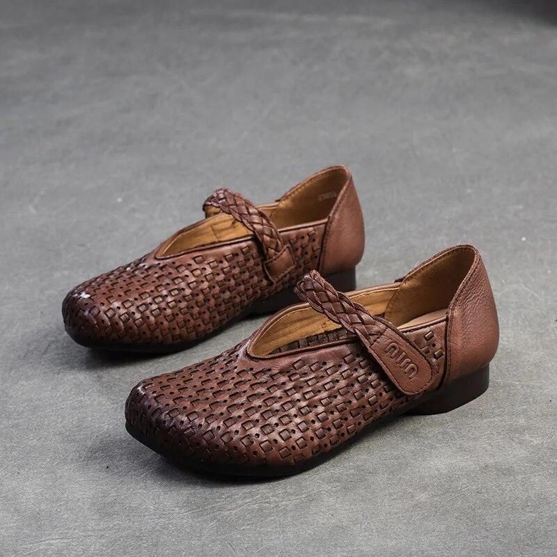Johnature Bombas Retro Cuero Genuino Suela Suave Gancho y Lazo Cómodos Zapatos de Mujer Versátiles