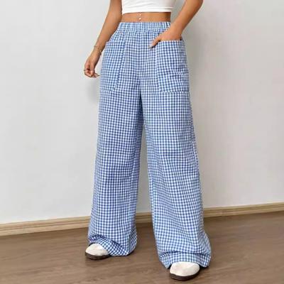 Kadın Pantolon Elastik Bel Orta Yükseklikte Geniş Paça Uzun Pantolon Cepli Ekose Baskılı Rahat Günlük Pantolon