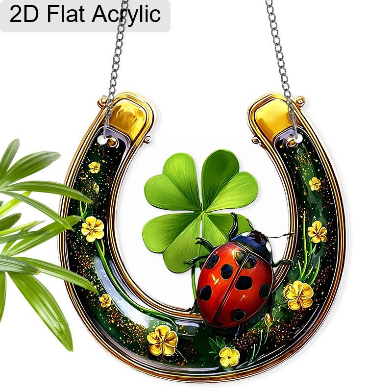 Acrylic Lucky Horseshoe with Four-Leaf Clover & Ladybug Suncatcher Stained Glass Effect Window Hanging Ornament St. Patrick's Day Gifts