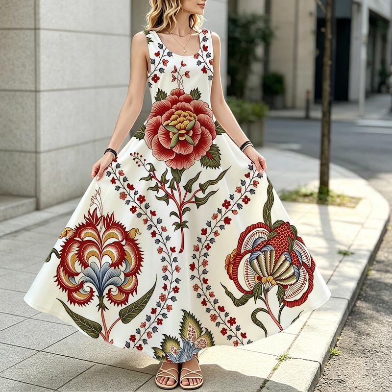 Women's Sleeveless Bohemian Maxi Dress Large Floral Print Lightweight Flowy Slimming Summer Casual Versatile Daily Outing Dress