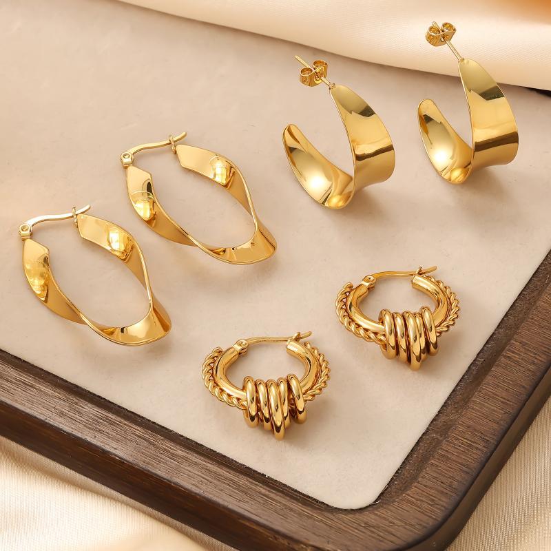 Stainless Steel Gold Color Hoop Earrings Retro Geometric Twisted Beaded C Shape Earring Jewelry For Women Daily Party Decor