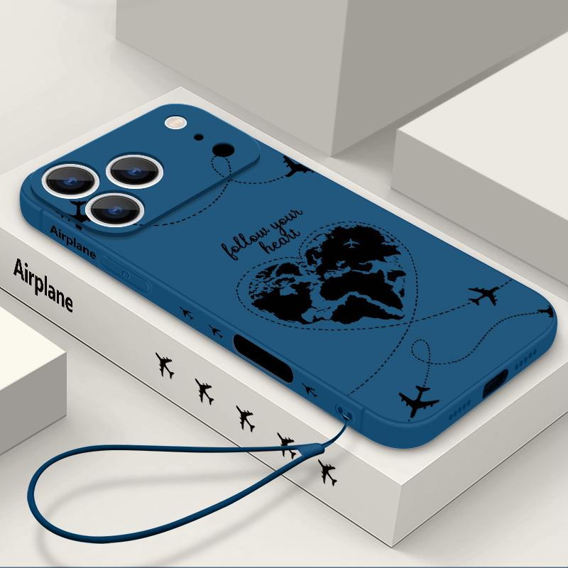 For iPhone 17 Pro Max Lanyard Case Airplane Heart Map Print Soft TPU Silicone Cover For iPhone 16 Pro Max Funda iPhone 15 14 13 12 11 16E Air