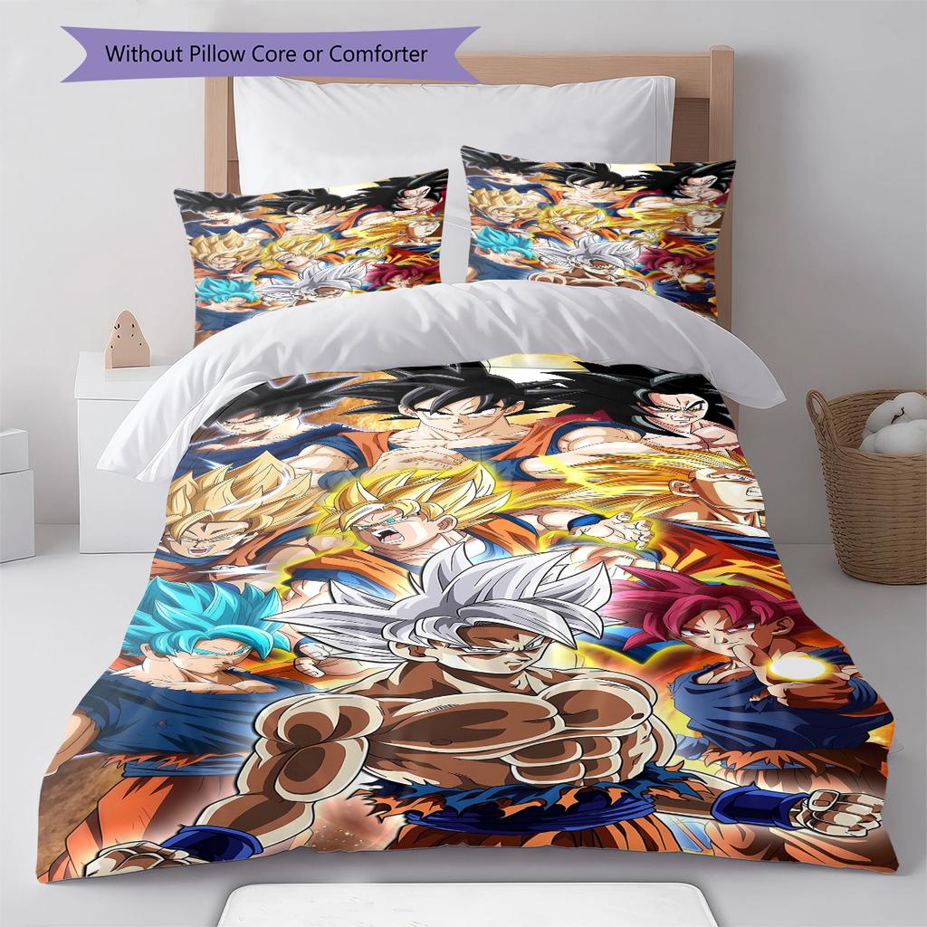 Son Goku Pattern Bedding Quilt Set Quilt Cover Pillowcase Home Decoration Gift (1 * Duvet Cover + 2 * Pillowcase, Without Core)