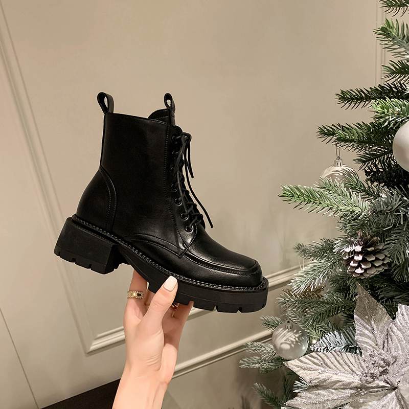 Krazing Pot Cow Leather Winter Shoes Thick Med Heels Handsome Lace Up British School Platform Women Ankle Boots