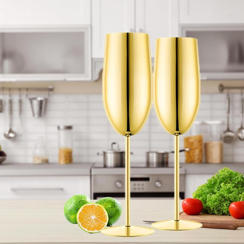 Stainless Steel Champagne Flutes Set of 2, Gold Unbreakable 8.5 oz for Wedding, Party, Christmas, Anniversary, Birthday Gifts