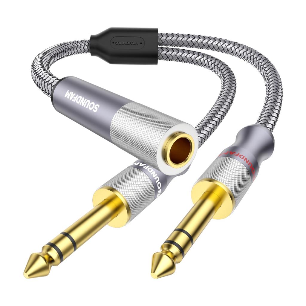 SOUNDFAM 60cm 14" Splitter Cable, Microphone Splitter 1 Female To 2 Male TRS 14" Splitter 6.35mm Stereo Female To Dual 6.35mm Male Female - Gray