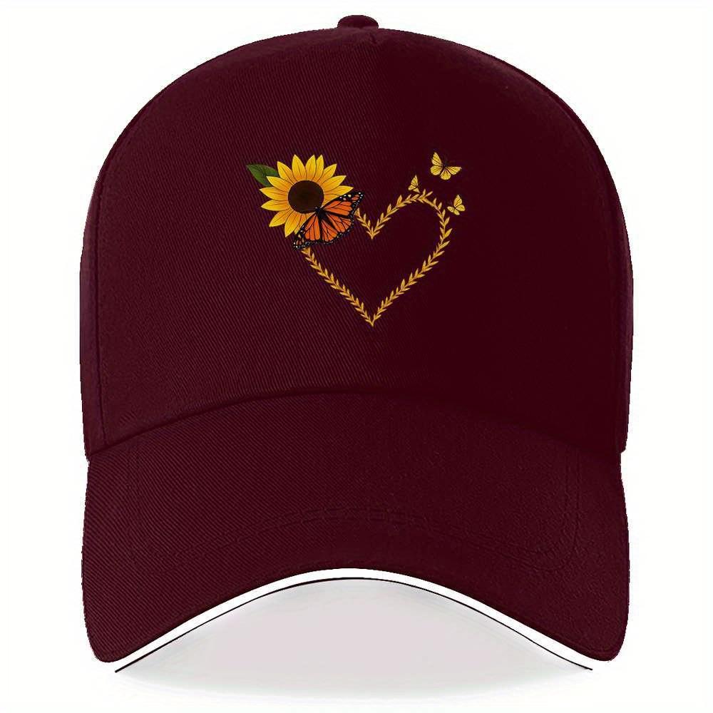 

Sunflower Butterfly Heart Graphic Baseball Cap Polyester Lightweight Adjustable Unisex Outdoor Sun Hat One Size