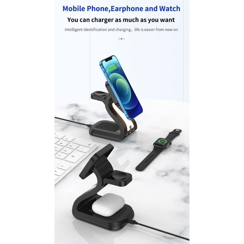 Magnetic Wireless Charging Station ABS Texture Suitable for Phone Watch Earphone Fast 15W Charging Built In Night Light