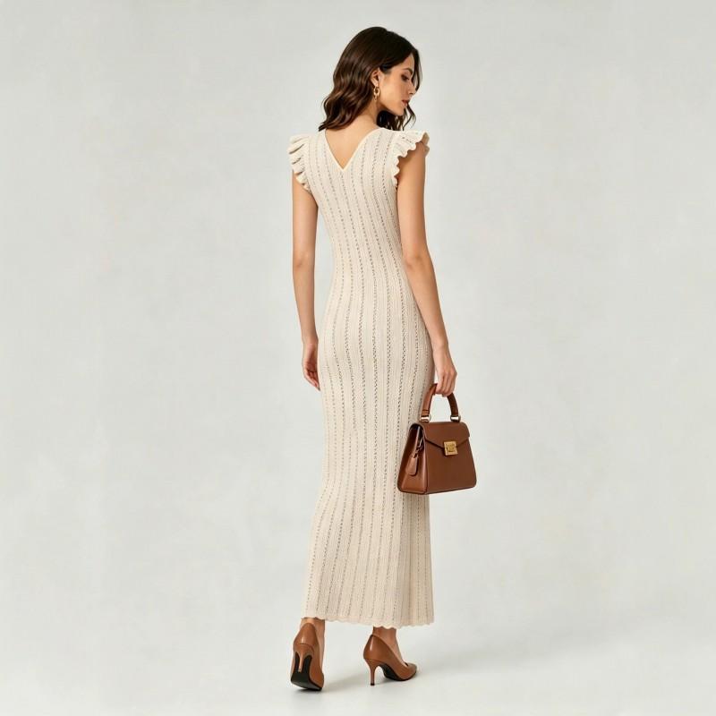 Womens V-Neck Knit Dress Hollow Out Ruffle Sleeve Slim Fit Elegant Long