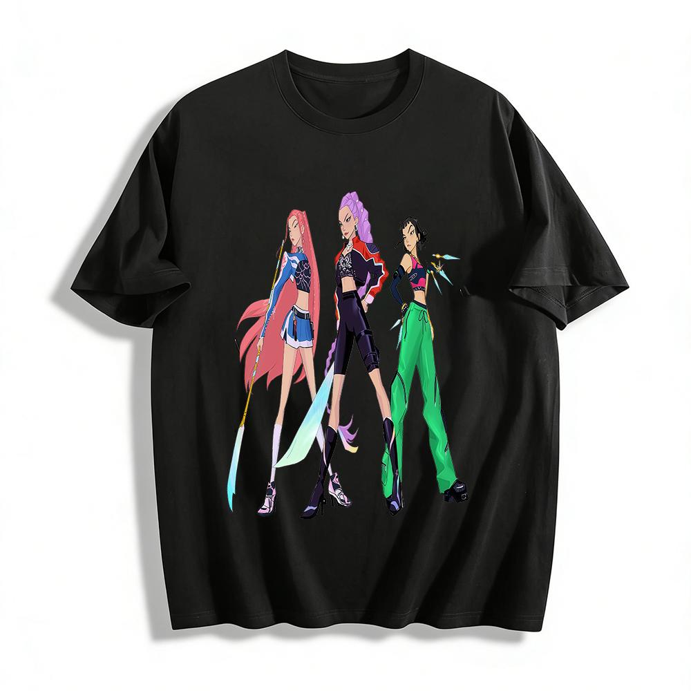 Cool Anime Girl Group Print Casual Tops Trendy Edgy Character Pattern Loose Daily Tees Pure cotton T-shirt