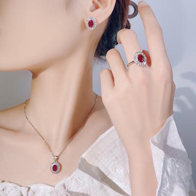 Jewelry Set, Red Corundum Necklace, European and American Zircon Colored Treasure Necklace, Stud Earrings, Banquet Model.