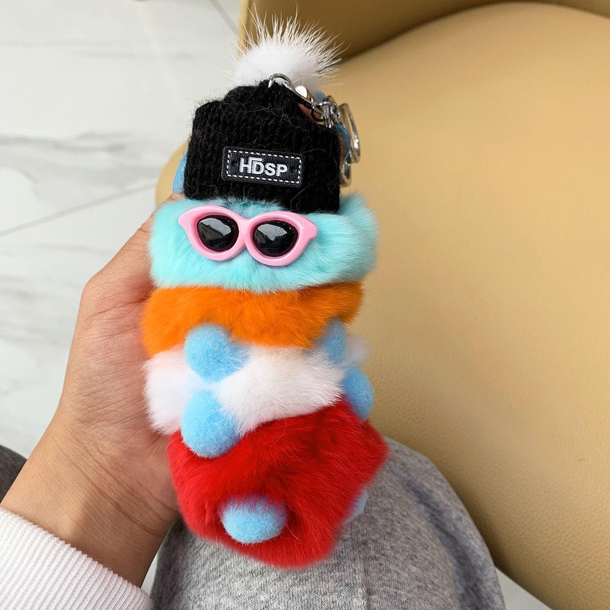 

Милый брелок из натурального меха, красочная гусеница из натурального меха кролика рекс, плюшевая сумка, аксессуары 15cm небесно-голубой