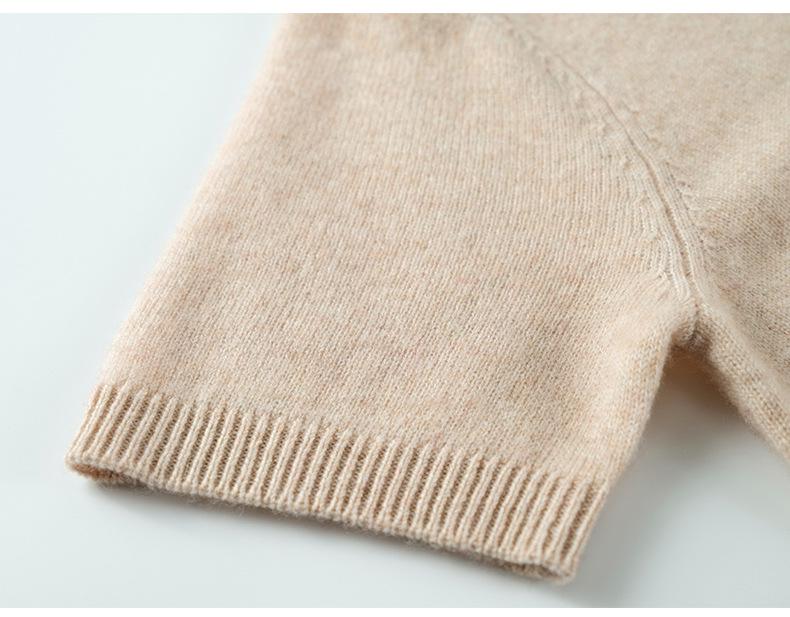 Solid Color Cashmere Blend Sweater, Lightweight, Short-Sleeved, Round Neck, Relaxed Fit, Five-Point Sleeves, Ideal for Layering