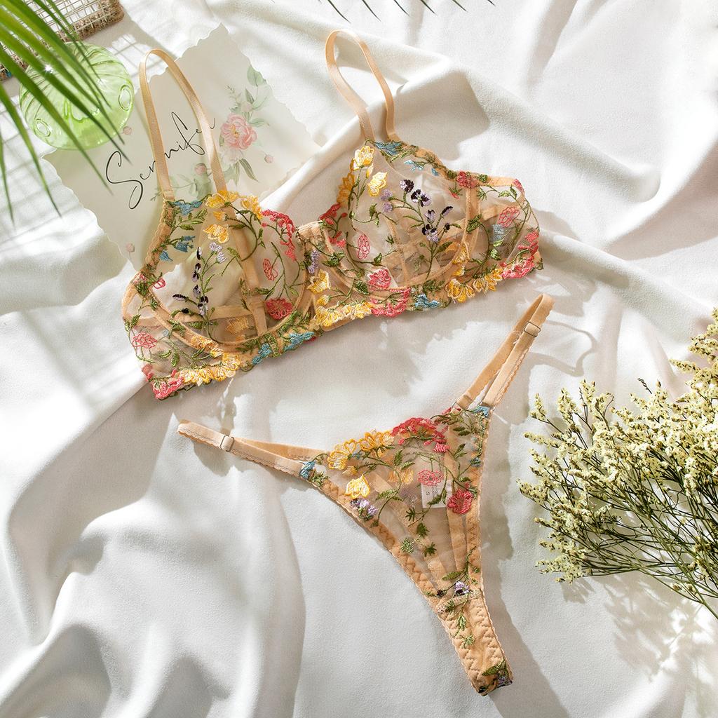 Sexy Lingerie Embroidered Flower See-through Sexy Two-Piece Suit