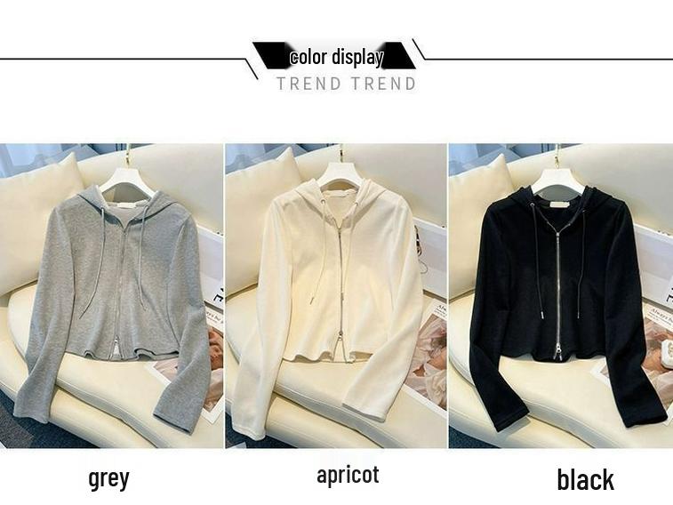 2023 Korean Style Women's Slimming Short Hooded Sweatshirt with Double-Headed Zipper