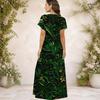 Women Plus Size V Neck Short Sleeve Blue Printed Long Straight Dress