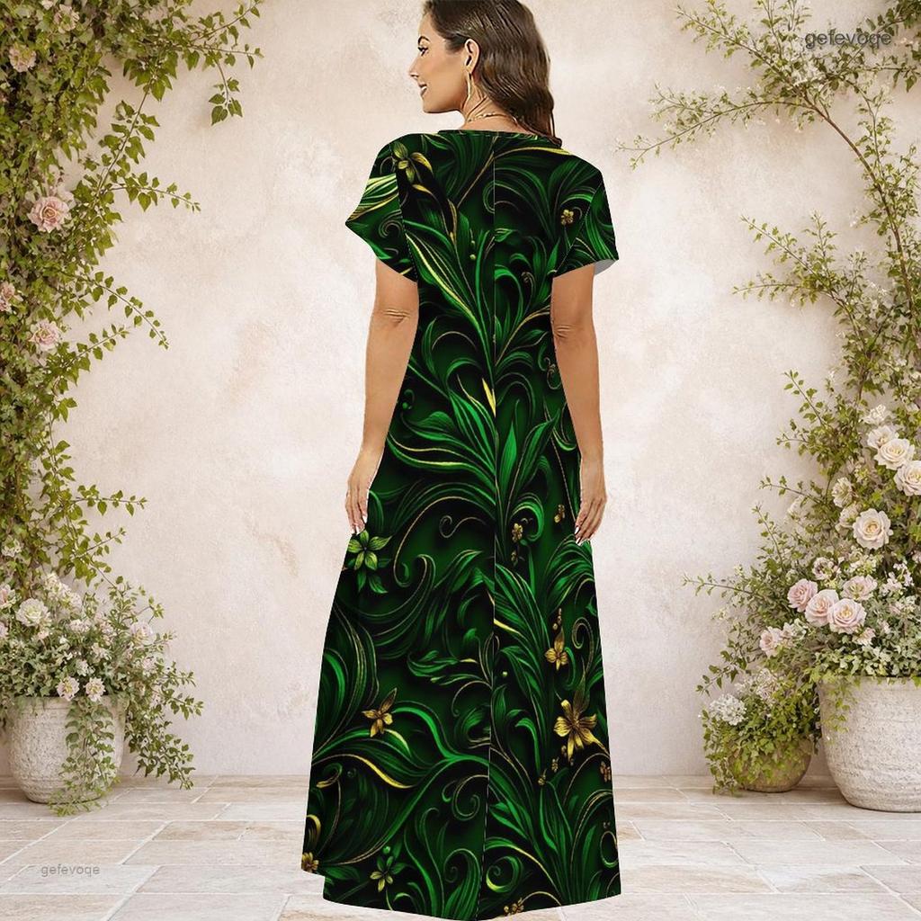 Women Plus Size V Neck Short Sleeve Blue Printed Long Straight Dress