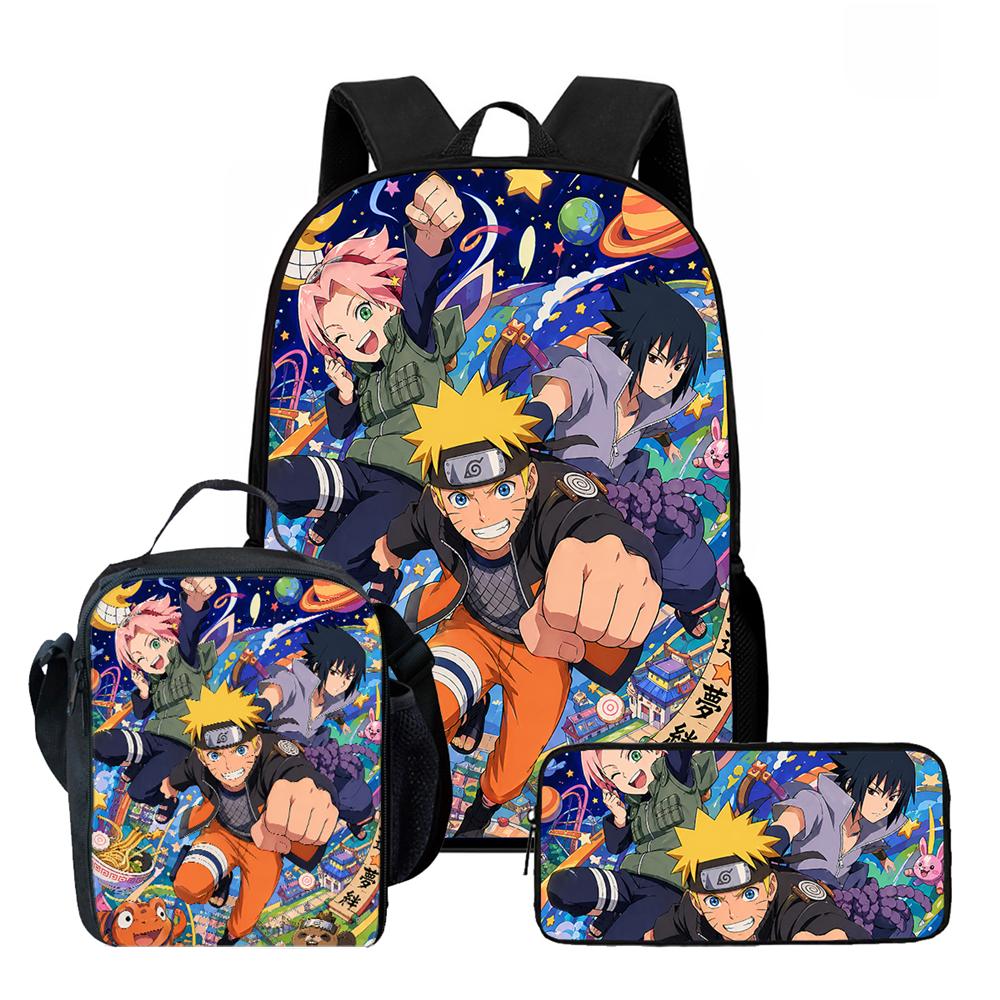3Pcs Set NARUTO Anime School Rucksack With Front Pocket & Sling Carry Tote & Pencil Bag,Durable&Lightweight,for Boys&Girls Age 6-10
