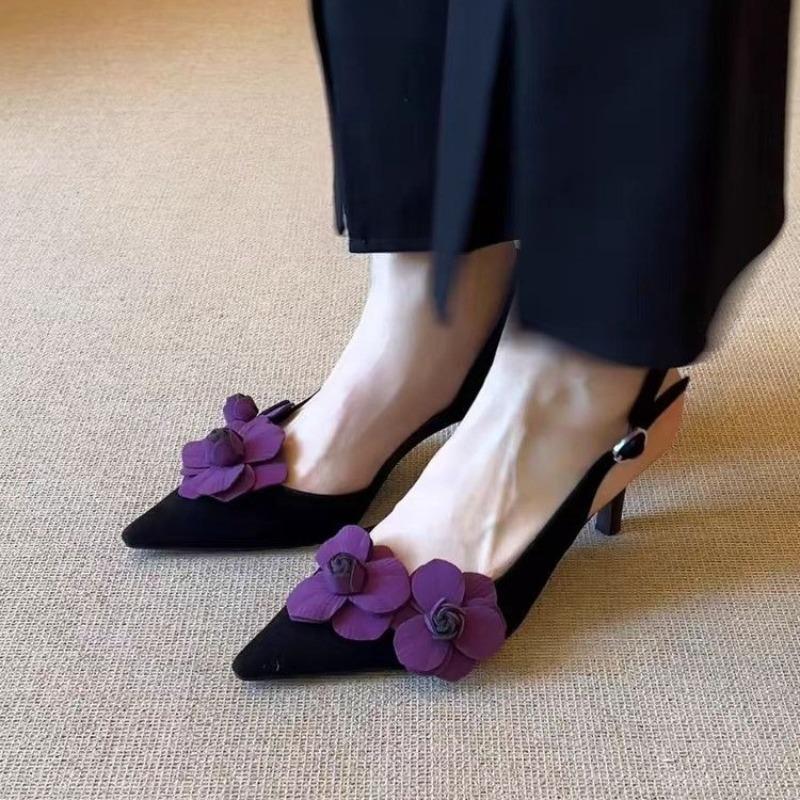 Fashion Retro Pointed Toe Stereo Flower Baotou Sandals Women Stiletto Heel Back Trip Strap with Skirt Sandals Women Outside Wear