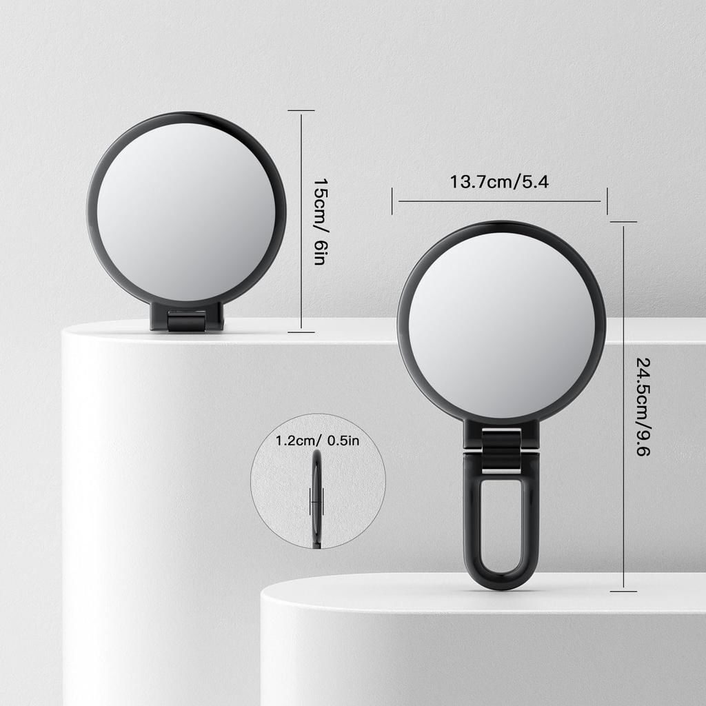 Beautifive Hand Mirror Magnifier 10x Folding Makeup Mirror with Handle Compact Mirror 10x and 1x Tabletop Mirror Compact Easy to Carry Round Black