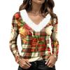Women's Long Sleeve Christmas Print V-Neck Top with Plush Furry Collar Snowflake and Christmas Tree Design