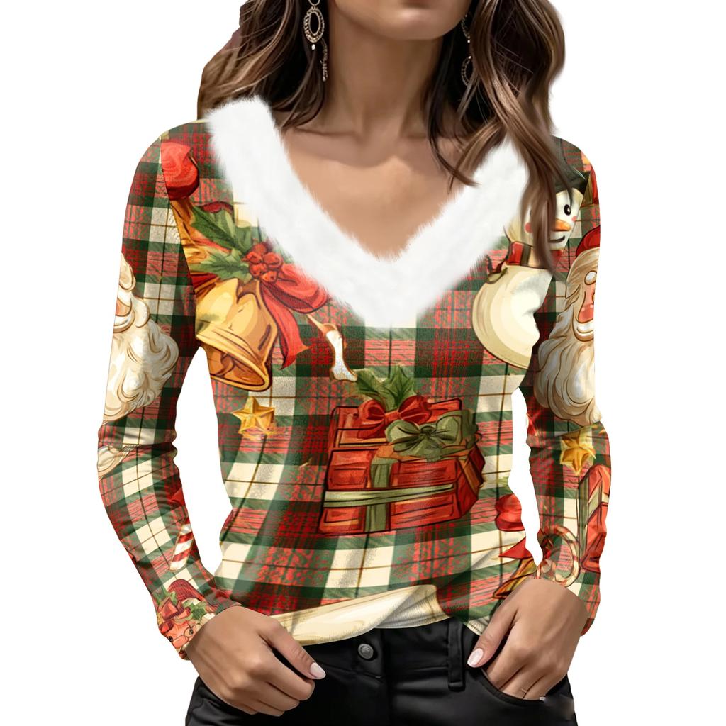 Women's Long Sleeve Christmas Print V-Neck Top with Plush Furry Collar Snowflake and Christmas Tree Design