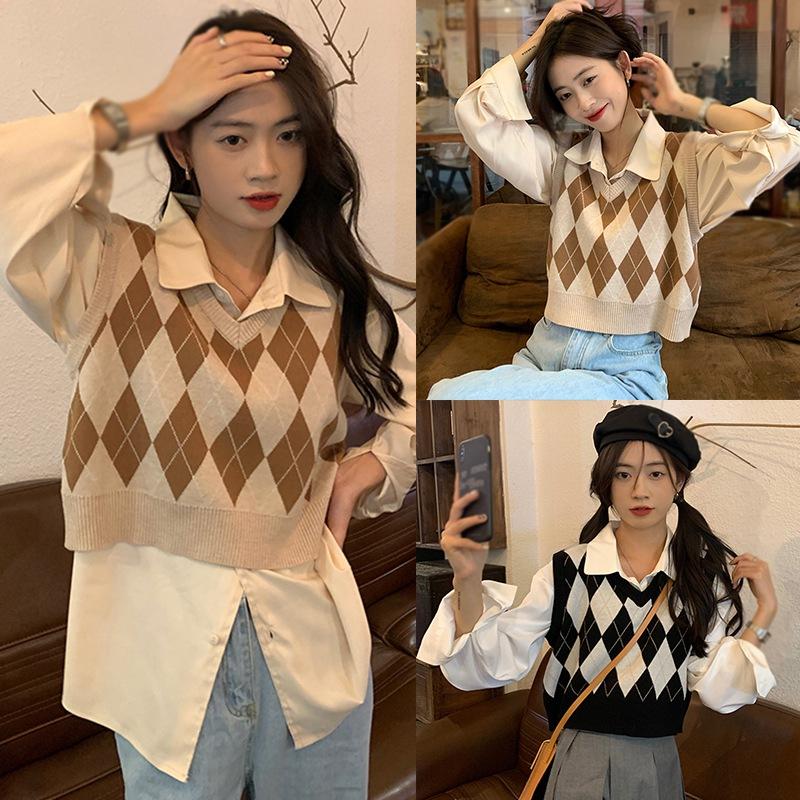 Svetr Vesta pro ženy Výstřih do V Volný střih pulovry Pletená vesta Preppy Style Argyle podzimní pletené zboží bez rukávů