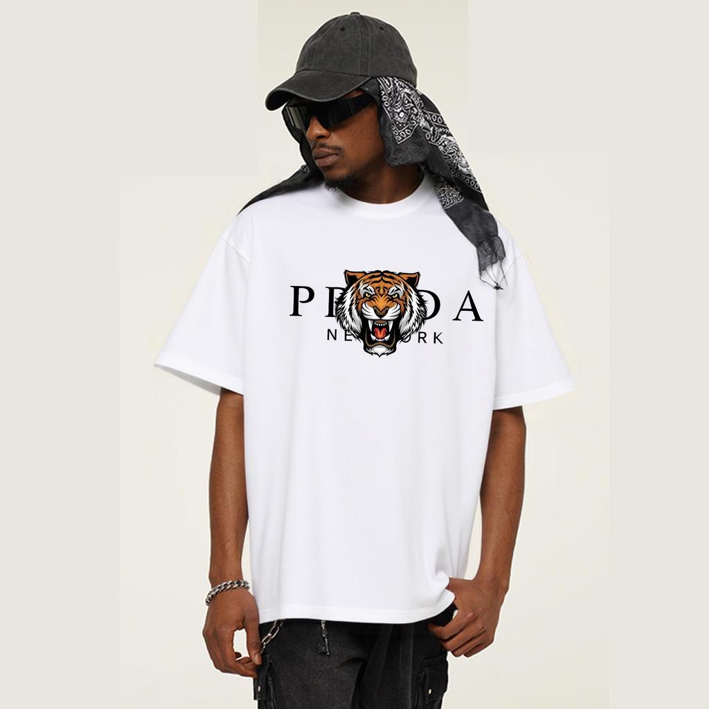 Tiger print pure cotton T-shirt punk street American short sleeved men's and women's round neck top