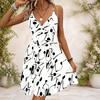Women Plus Size V Neck Strappy Sleeveless Dress Black Star Whale Printed Gathered Waist Flared Hem