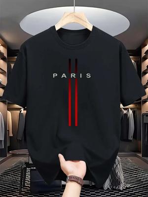 Summer Fashion Men's Round-neck T-shirt, 100% Pure Cotton Casual, Soft and Loose, Parisian Fashion Print Letter Short-sleeved T-