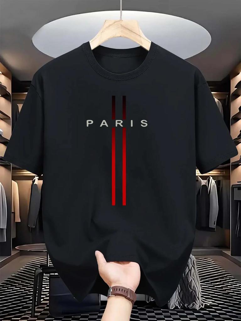 Men's 100% Pure Cotton Summer Casual Loose Fashion Paris Letter Printed Comfortable Round Neck Short Sleeved T-shirt Top