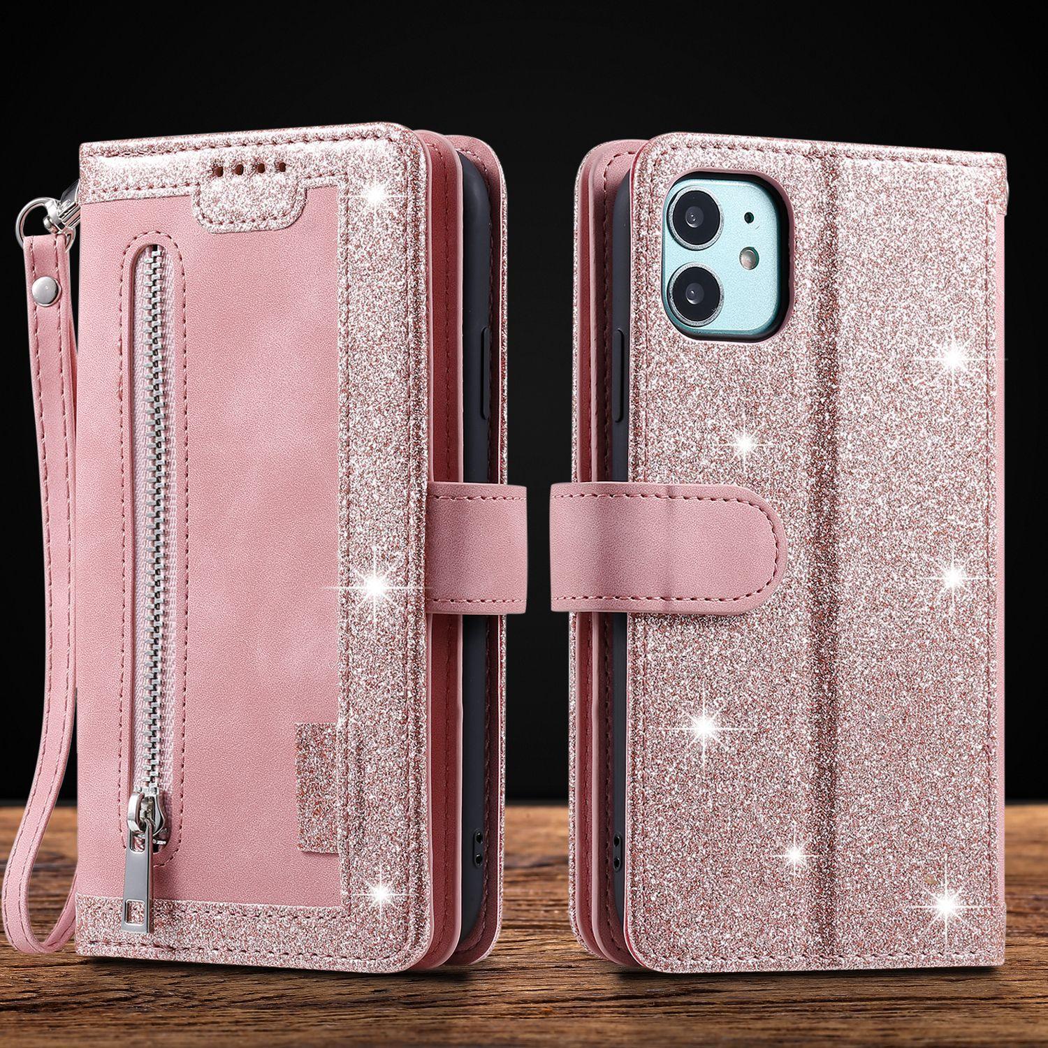 

Glitter Flip Leather Phone Case for Iphone 16 Pro Max 15 Plus 14 13 Mini 12 11 XS XR SE 2 3 7 8 Card Slot Lanyard Zipper Wallet iPhone 15 Pro Max рожевий