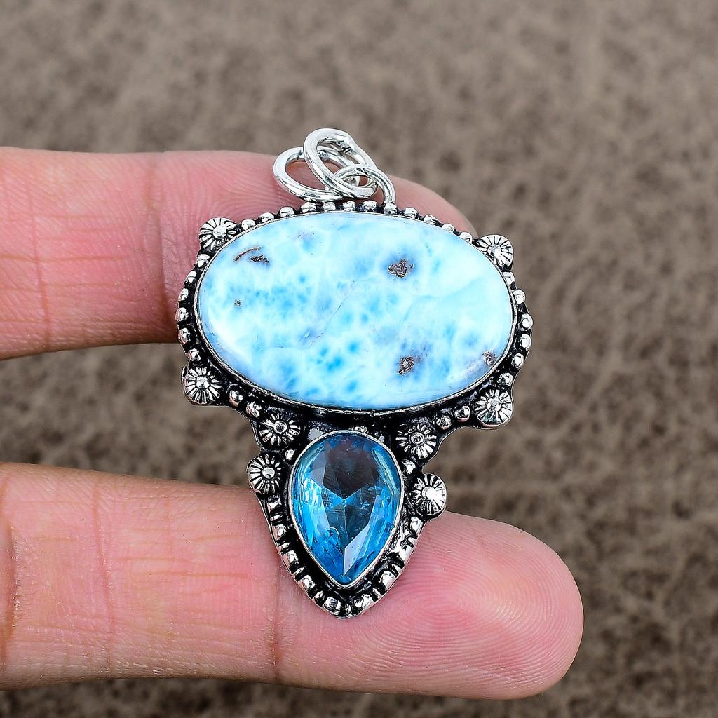 Republic Larimar, Topaz Gemstone 925 Sterling Silver Jewelry Pendant 1.97" KKG-320