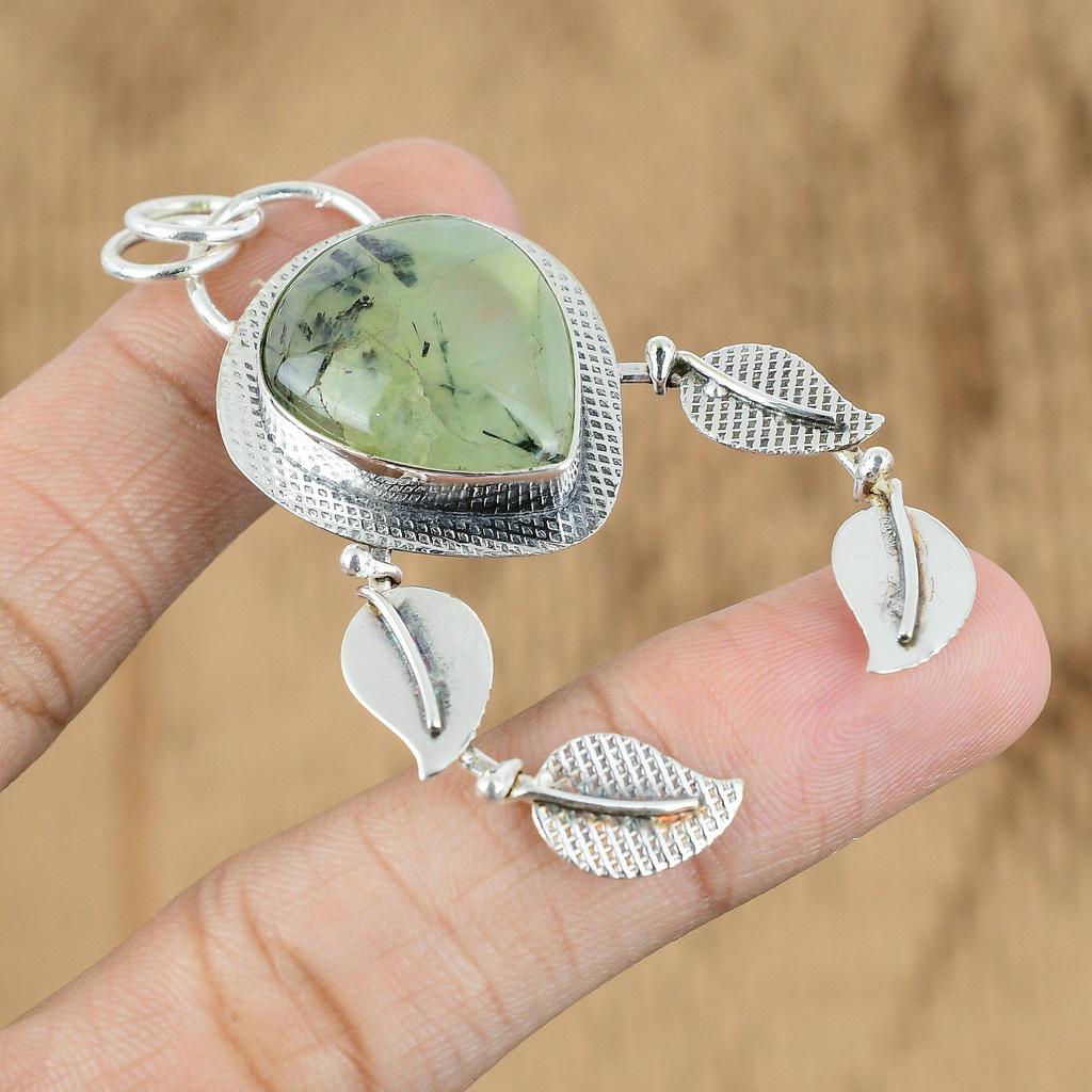 Natural Moss Prehnite Gemstone Pendant 925 Sterling Silver Indian Jewelry