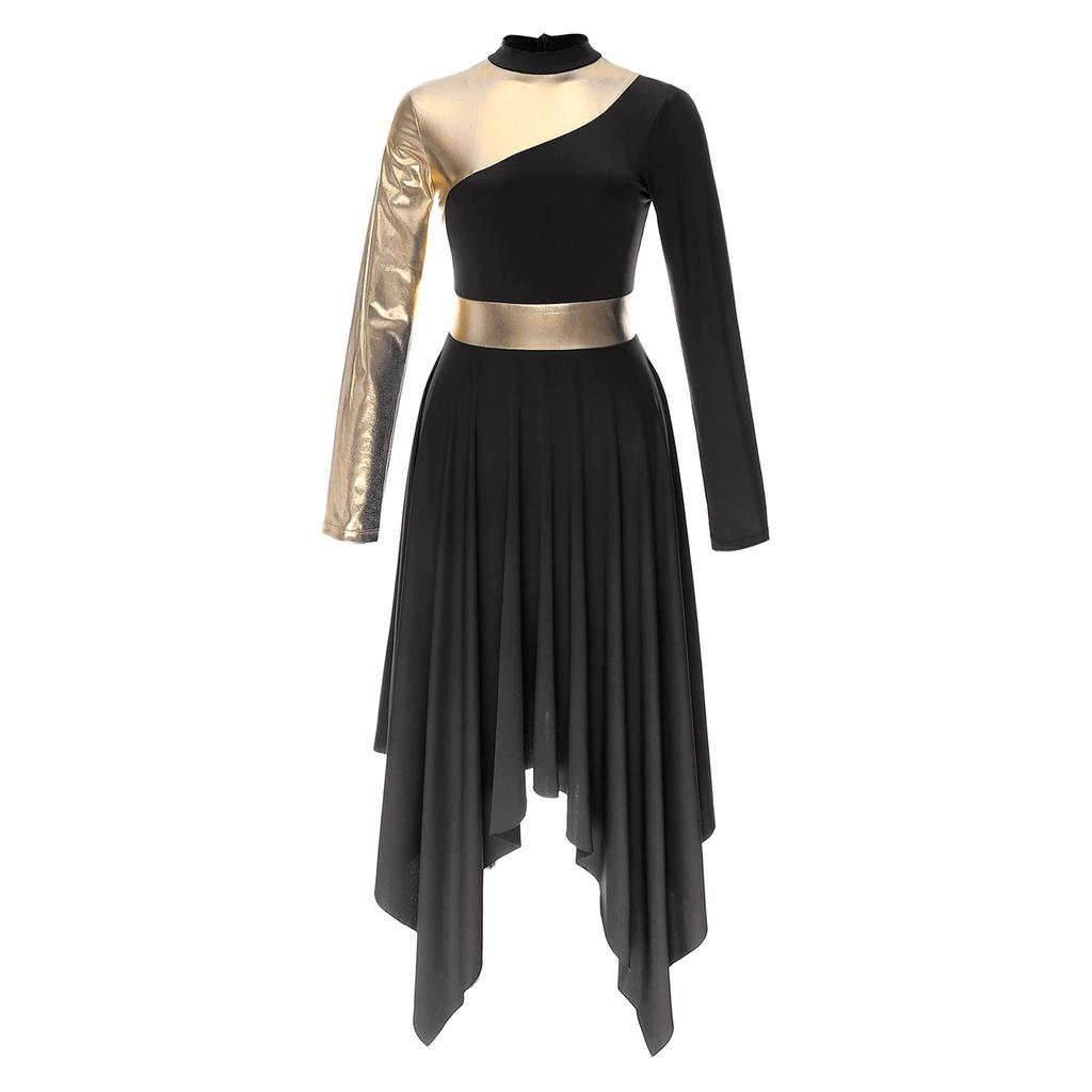 Womens Contrast Color Patchwork Dance Performance Costume Long Sleeve Asymmetrical Hem Dress