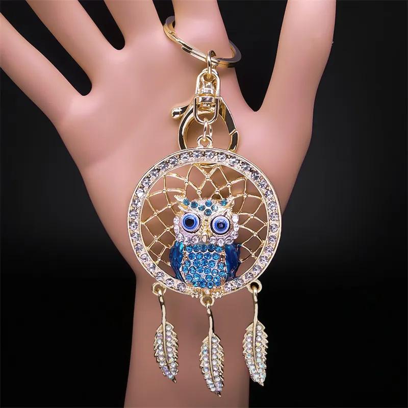 Shinny Crystal Owl Dreamcatcher Feather Keychain for Women Alloy Rhinestone Dream Catcher Animal Key Ring Bag Jewelry K9034S05