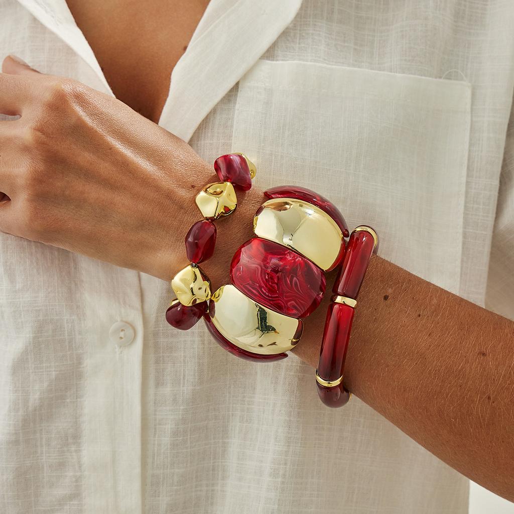 Angora Red Smudge Curved Resin Bracelet, Fashionable Elbow Beaded Splicing Elastic Bracelet